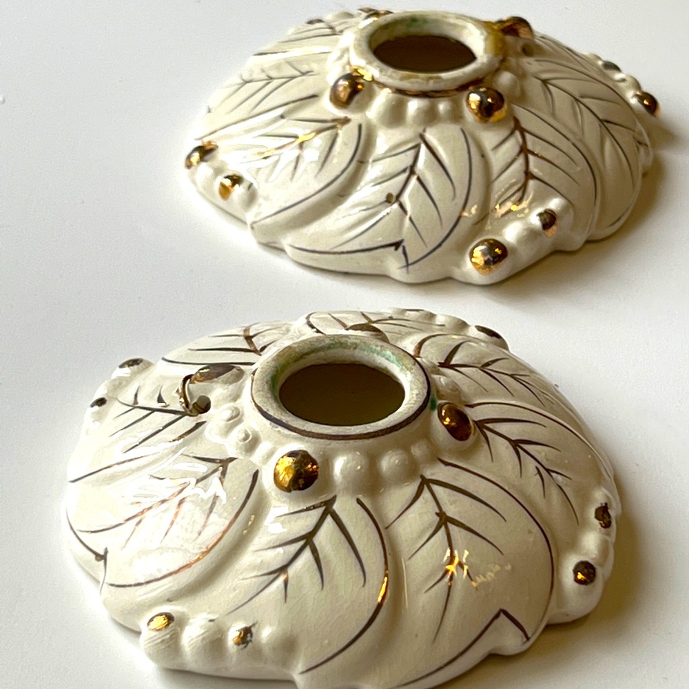 50’s Japan candlestick holders 22k gold trim like new CREME gold hand painted